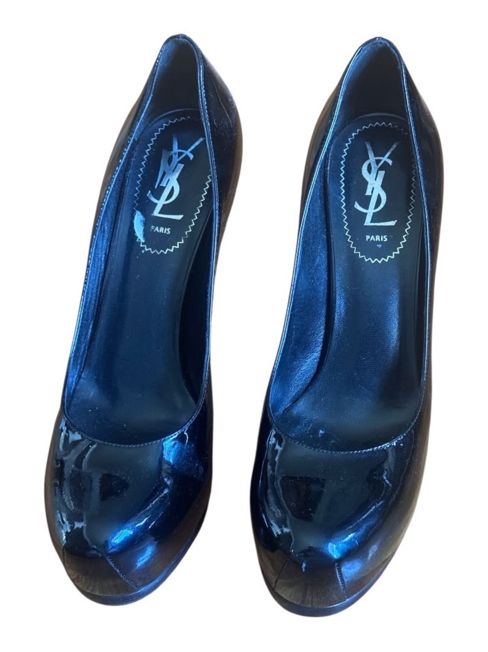 Yves Saint Laurent Paris Black Patent Leather Peep Toe Platform Size 37.5 US 7.5
